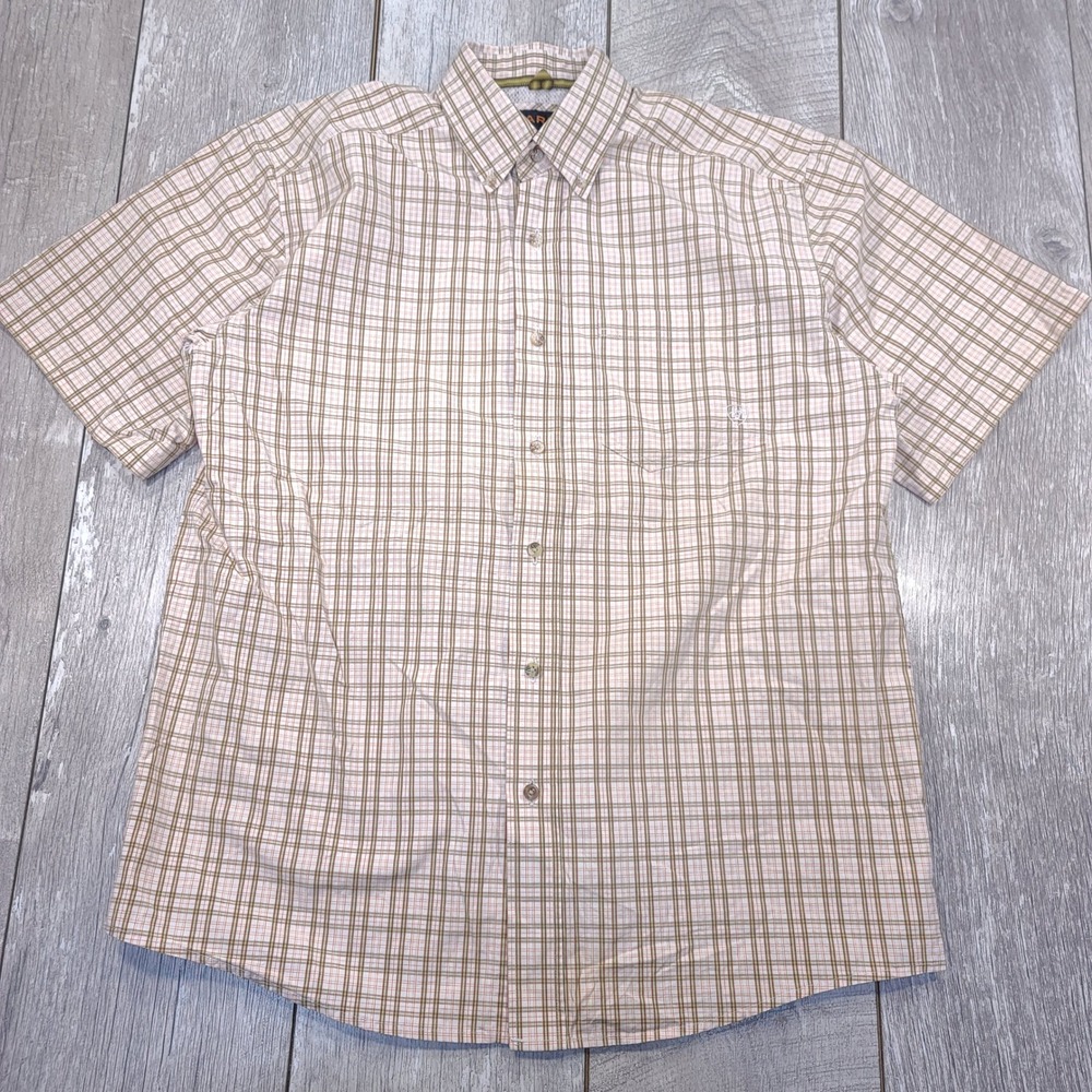 Ariat Pro Series Shirt Mens Medium Tan Plaid Short Sleeve Western Button Down